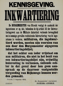 750124 Kennisgeving van de burgemeester van Utrecht betreffende de inkwartiering van militairen bij bewoners van de stad.